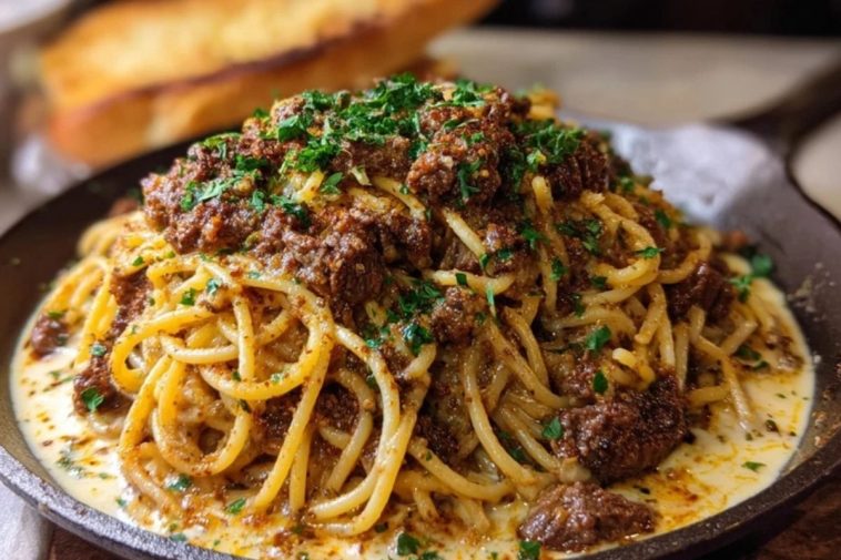 Cajun Beef Spaghetti in Creamy Three-Cheese Parmesan Sauce