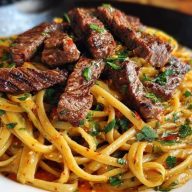 Cajun Garlic Butter Linguine with Tender Beef Strips