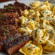 Cajun Garlic Butter Steak with Cheesy Alfredo Tortellini