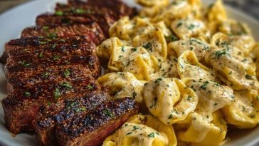 Cajun Garlic Butter Steak with Cheesy Alfredo Tortellini