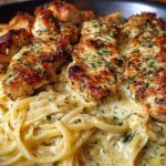 Cheesy Alfredo Linguine with Golden Garlic Butter Chicken in Creamy Sauce
