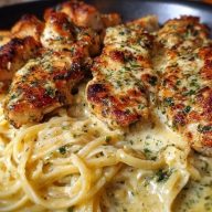 Cheesy Alfredo Linguine with Golden Garlic Butter Chicken in Creamy Sauce
