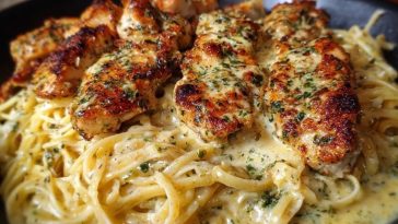 Cheesy Alfredo Linguine with Golden Garlic Butter Chicken in Creamy Sauce