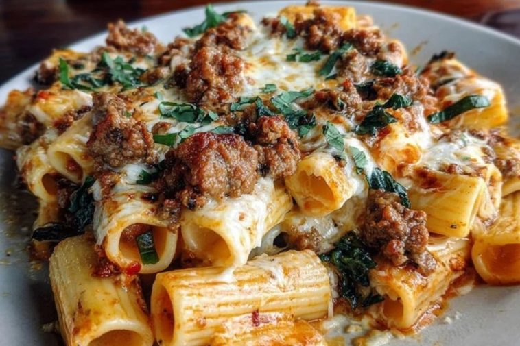 Cheesy Beef and Italian Sausage Rigatoni in Garlic Butter Sauce
