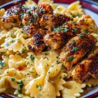 Cheesy Garlic Cajun Chicken Bowtie Pasta in Alfredo Sauce