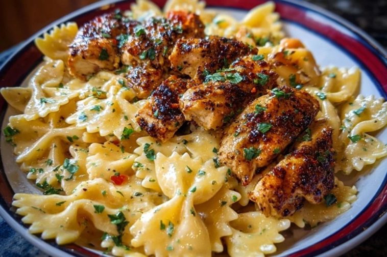 Cheesy Garlic Cajun Chicken Bowtie Pasta in Alfredo Sauce