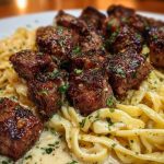 Cheesy Garlic Steak Bites over Creamy Linguine Pasta