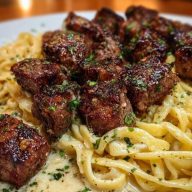 Cheesy Garlic Steak Bites over Creamy Linguine Pasta