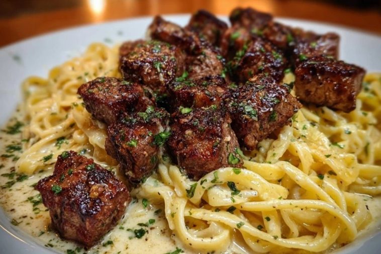 Cheesy Garlic Steak Bites over Creamy Linguine Pasta