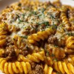 Cheesy Rotini Pasta with Garlic Butter Sauce and Ground Beef