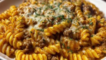 Cheesy Rotini Pasta with Garlic Butter Sauce and Ground Beef