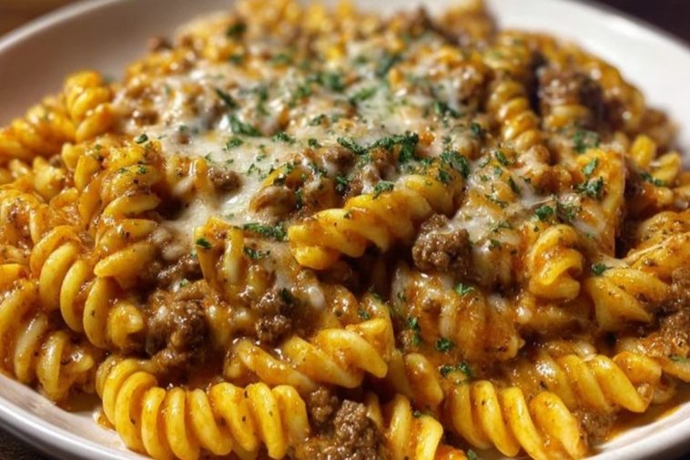 Cheesy Rotini Pasta with Garlic Butter Sauce and Ground Beef