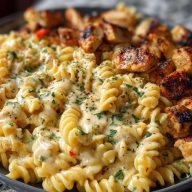 Cheesy Velveeta Chicken Twisted Pasta with Mozzarella Garlic Sauce