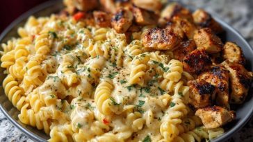 Cheesy Velveeta Chicken Twisted Pasta with Mozzarella Garlic Sauce
