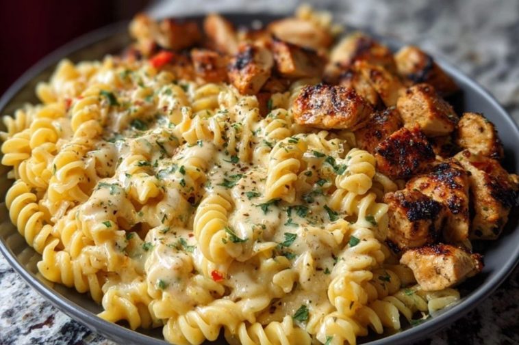 Cheesy Velveeta Chicken Twisted Pasta with Mozzarella Garlic Sauce
