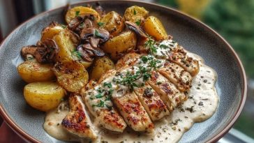 Chestnut Garlic Greek Chicken Alfredo with Sage Potatoes & Mushroom Basil Pesto