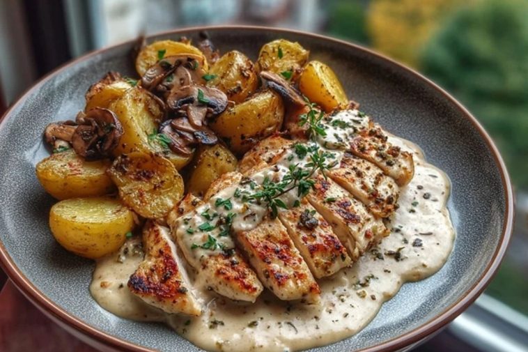 Chestnut Garlic Greek Chicken Alfredo with Sage Potatoes & Mushroom Basil Pesto