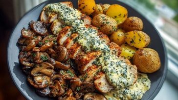 Chestnut Garlic Greek Chicken Alfredo with Sage Potatoes & Mushroom Pesto Cream