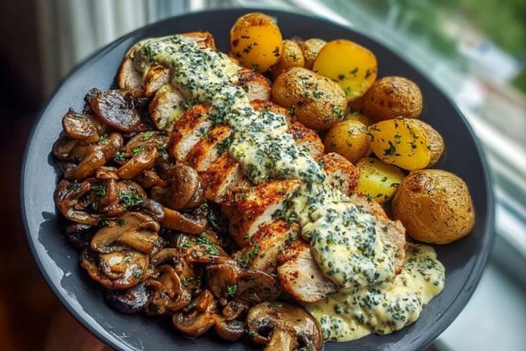Chestnut Garlic Greek Chicken Alfredo with Sage Potatoes & Mushroom Pesto Cream