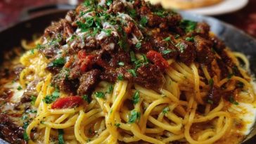 Creamy Cajun Beef Spaghetti with Three-Cheese Parmesan Sauce