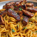 Creamy Cajun Garlic Butter Spaghetti with Beef Strips