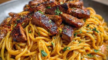 Creamy Cajun Garlic Butter Spaghetti with Beef Strips
