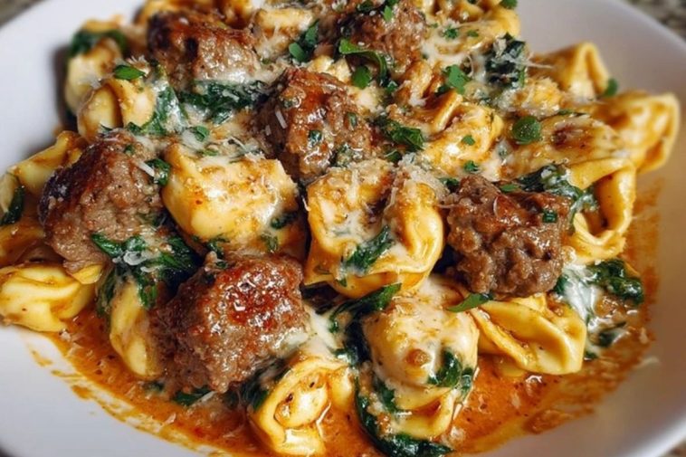 Creamy Garlic Butter Beef Tortellini with Italian Sausage & Spinach