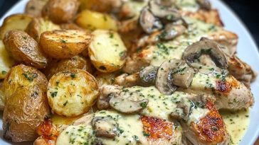 Creamy Garlic Mushroom Alfredo Chicken & Potatoes with Basil Pesto