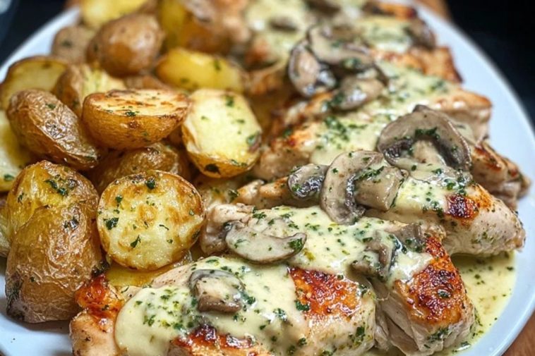 Creamy Garlic Mushroom Alfredo Chicken & Potatoes with Basil Pesto