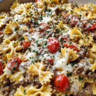 Creamy Ground Beef Bowtie Pasta with Mozzarella and Parmesan