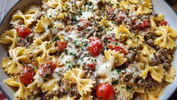 Creamy Ground Beef Bowtie Pasta with Mozzarella and Parmesan