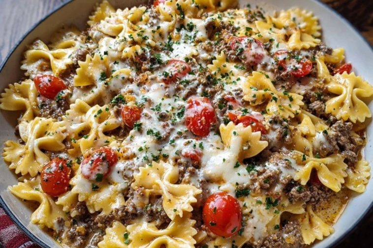 Creamy Ground Beef Bowtie Pasta with Mozzarella and Parmesan