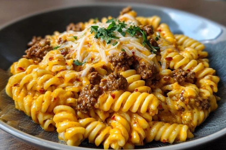 Creamy Mozzarella Rotini with Spicy Cajun Beef and Velveeta Sauce