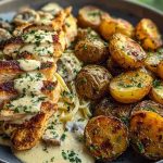 Creamy Mushroom Garlic Chicken Alfredo & Hot Honey Roasted Potatoes
