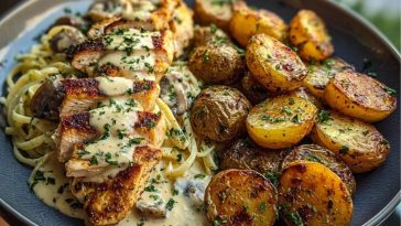 Creamy Mushroom Garlic Chicken Alfredo & Hot Honey Roasted Potatoes