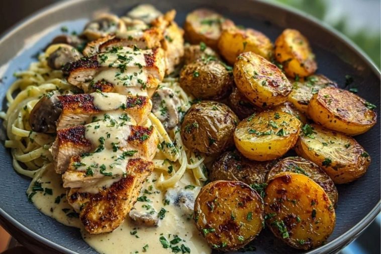 Creamy Mushroom Garlic Chicken Alfredo & Hot Honey Roasted Potatoes