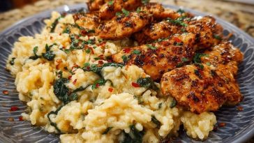 Creamy Parmesan Spinach Rice with Spicy Garlic Chicken