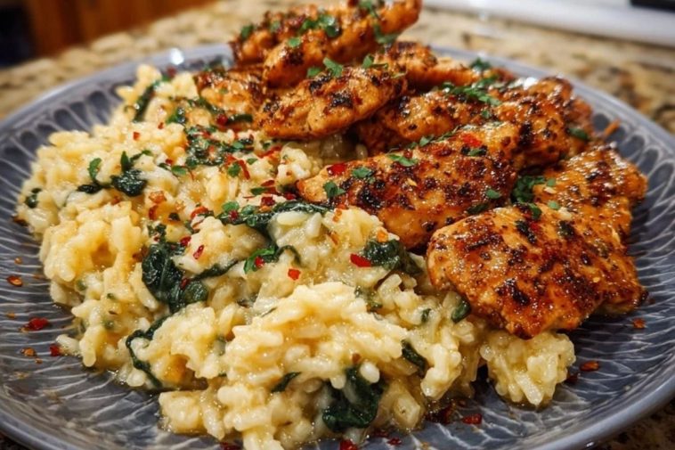 Creamy Parmesan Spinach Rice with Spicy Garlic Chicken