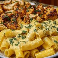 Creamy Velveeta Chicken Rigatoni with Mozzarella Garlic Sauce