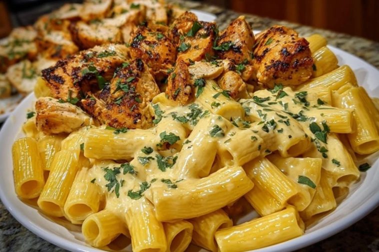 Creamy Velveeta Chicken Rigatoni with Mozzarella Garlic Sauce