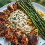 Greek Chili Chicken Alfredo with Smoked Feta Cream & Crispy Parmesan Asparagus
