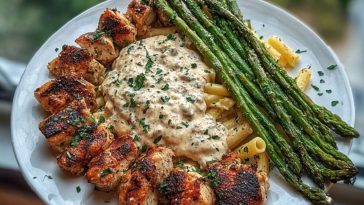 Greek Chili Chicken Alfredo with Smoked Feta Cream & Crispy Parmesan Asparagus