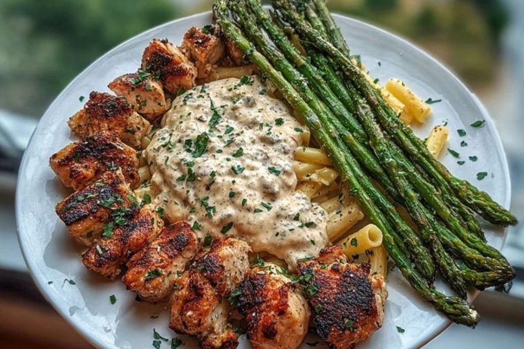 Greek Chili Chicken Alfredo with Smoked Feta Cream & Crispy Parmesan Asparagus