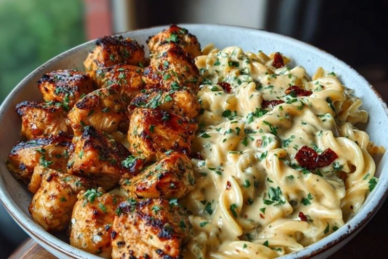 Delicious Tuscan Garlic Chicken Bites with Sun-Dried Tomato Cajun Alfredo Pasta