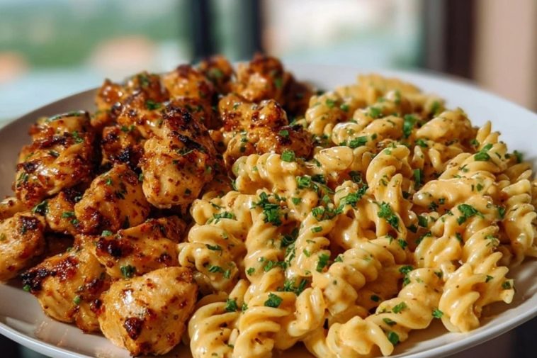 Garlic Butter Chicken Bites with Spicy Cajun Alfredo Twisted Pasta