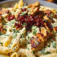 Garlic Butter Chicken Penne with Creamy Three-Cheese Sauce