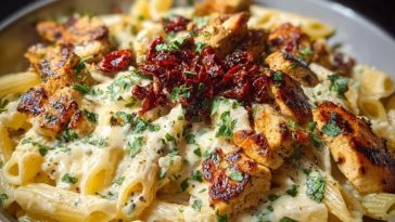 Garlic Butter Chicken Penne with Creamy Three-Cheese Sauce