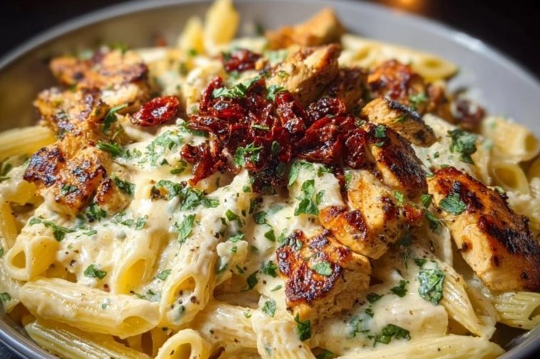 Garlic Butter Chicken Penne with Creamy Three-Cheese Sauce