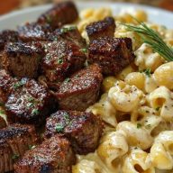 Garlic Butter Steak Bites & Creamy Chipotle White Cheddar Shells