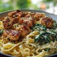 Garlic Chicken Bites & Creamy Cajun Spinach Artichoke Alfredo Pasta